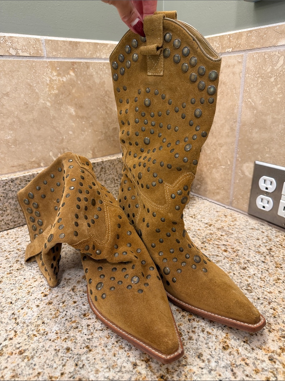 Studded Suede Lace-Up Cowboy Boots - Tan